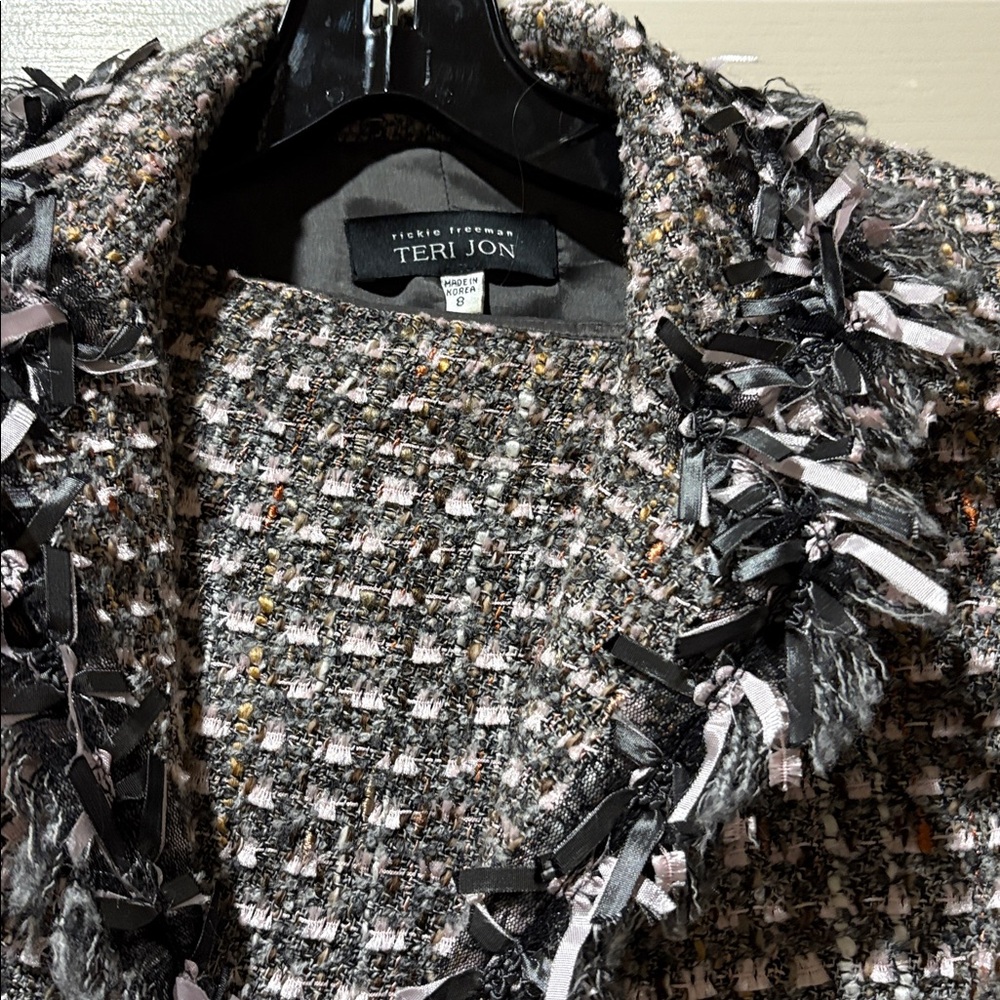 Teri Jon  Gray &Pink Tweed Jacket and skirt with Ribbon Accents 8 Neiman Marcus - Picture 7 of 12